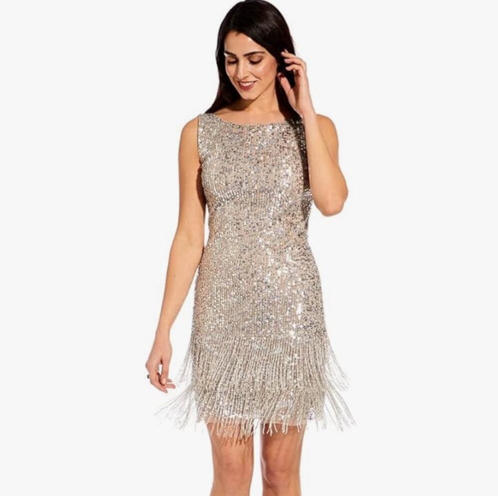 Adrianna Papell Beaded Mini Dress in Silver New With Tag Size 10 P